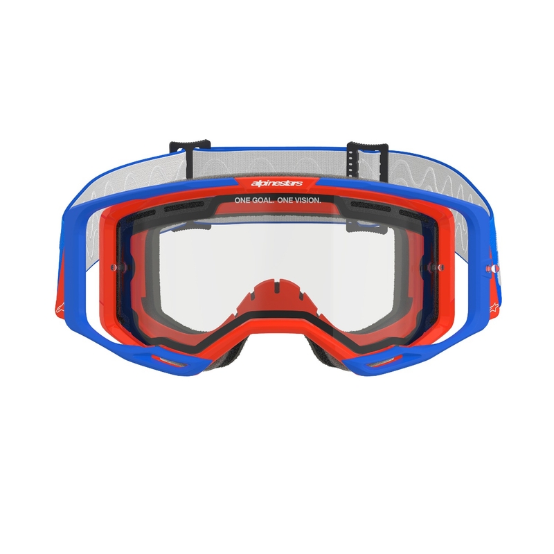 Alpinestars Vision 8 Wordmark motocrosslasit sini-oranssi, jossa on kaksinkertainen huurtumaton kirkas linssi.