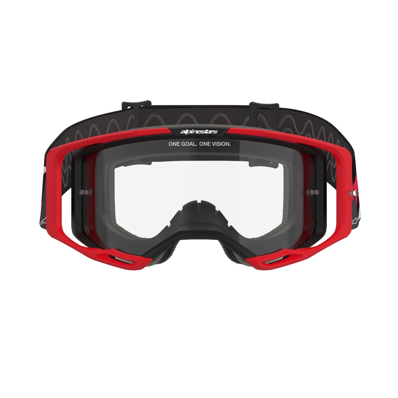 Alpinestars Vision 8 Luar punaiset ja mustat motocrosslasit kirkkaalla linssillä varustettuna