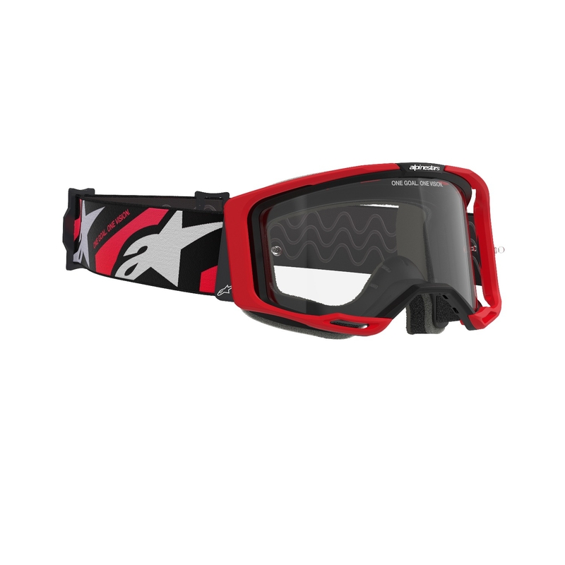 Alpinestars Vision 8 Luar punaiset ja mustat motocrosslasit kirkkaalla linssillä varustettuna
