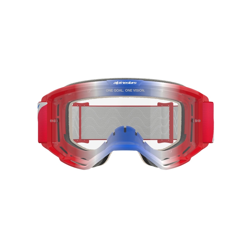 Alpinestars Vision 5 Corp punaiset, valkoiset ja siniset motocrosslasit kirkkaalla linssillä varustettuna