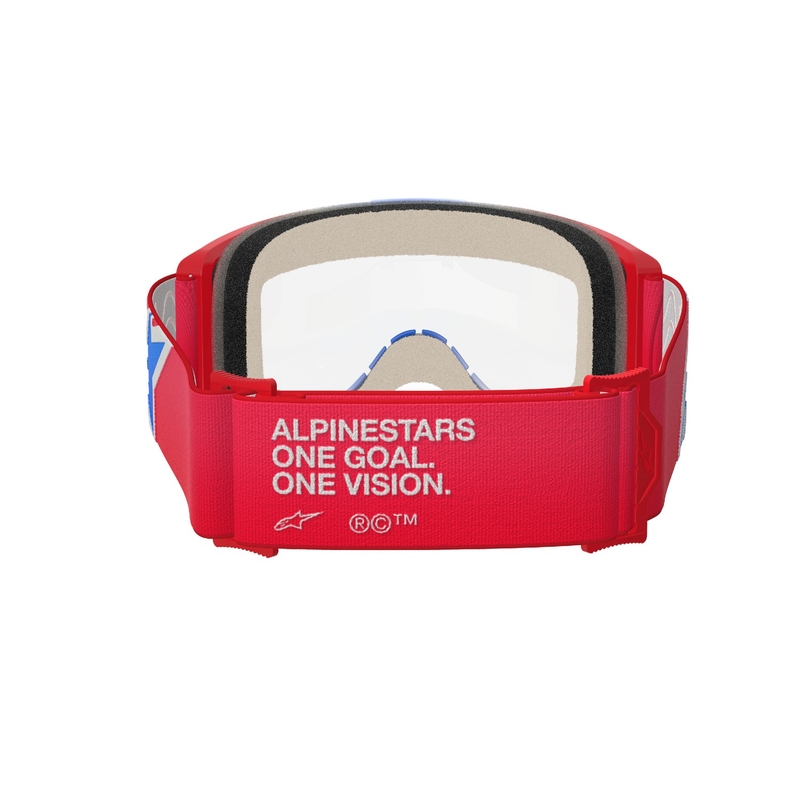 Alpinestars Vision 5 Corp punaiset, valkoiset ja siniset motocrosslasit kirkkaalla linssillä varustettuna