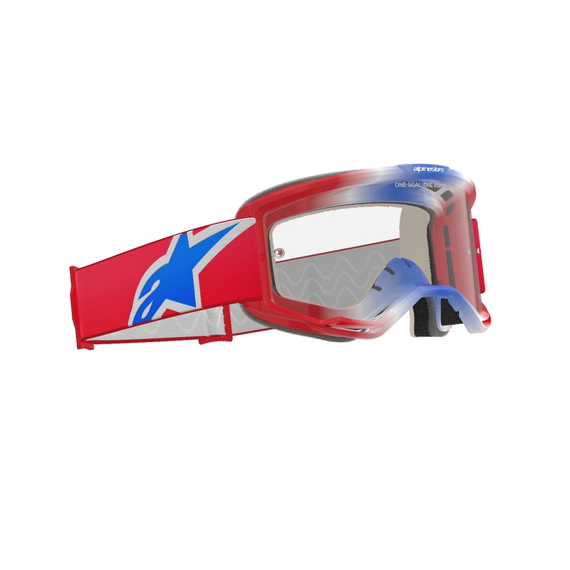 Alpinestars Vision 5 Corp punaiset, valkoiset ja siniset motocrosslasit kirkkaalla linssillä varustettuna