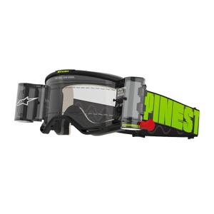 Alpinestars Vision 5 Hollow ROLL-OFF Wide Vision motocross-lasit harmaa-fluo-keltaiset kirkkaalla pleksillä.