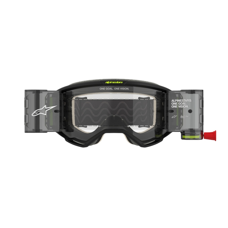 Alpinestars Vision 5 Hollow ROLL-OFF Wide Vision motocross-lasit harmaa-fluo-keltaiset kirkkaalla pleksillä.