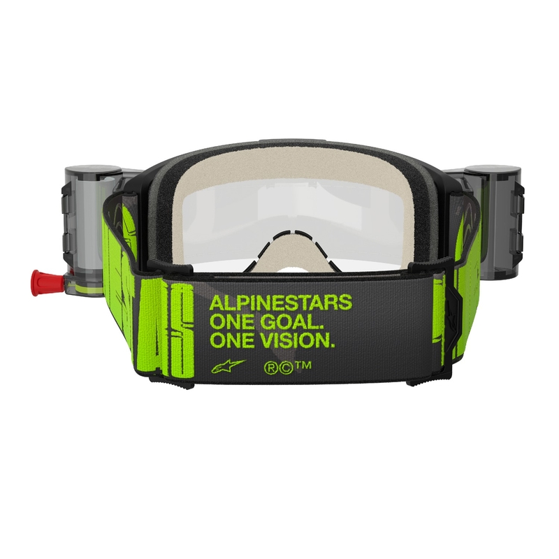 Alpinestars Vision 5 Hollow ROLL-OFF Wide Vision motocross-lasit harmaa-fluo-keltaiset kirkkaalla pleksillä.