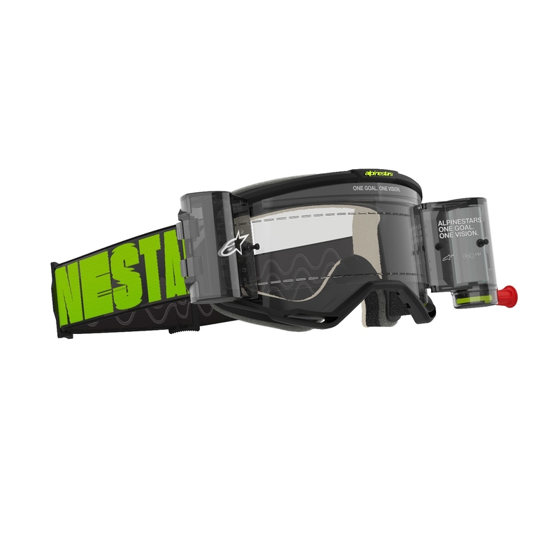 Alpinestars Vision 5 Hollow ROLL-OFF Wide Vision motocross-lasit harmaa-fluo-keltaiset kirkkaalla pleksillä.