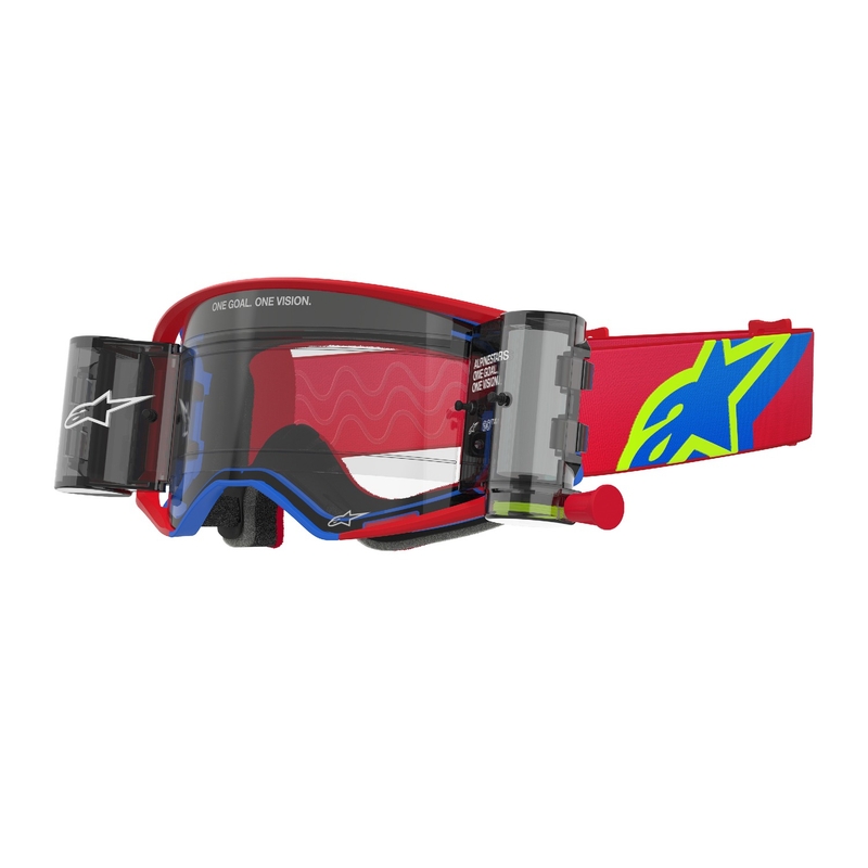 Alpinestars Supertech Corp ROLL-OFF Wide Vision Motocross suojalasit punaiset ja siniset kirkkaalla linssillä.