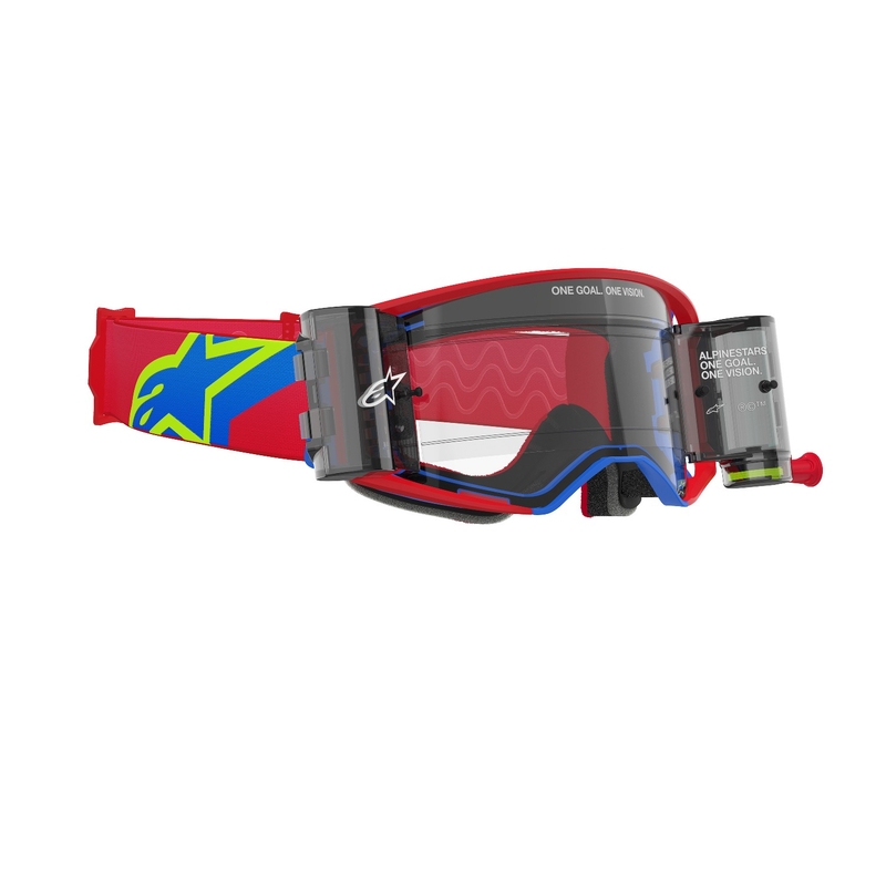 Alpinestars Supertech Corp ROLL-OFF Wide Vision Motocross suojalasit punaiset ja siniset kirkkaalla linssillä.