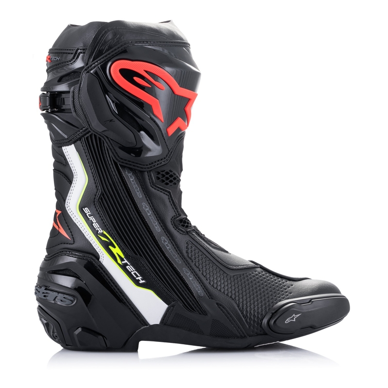 Alpinestars Supertech R Musta-Valkoinen-Fluo Red-Fluo Yellow Moottoripyöräilykengät