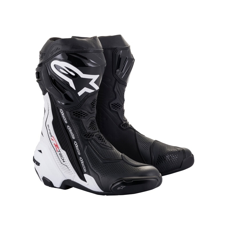 Alpinestars Supertech R tuuletetut mustavalkoiset moottoripyöräsaappaat
