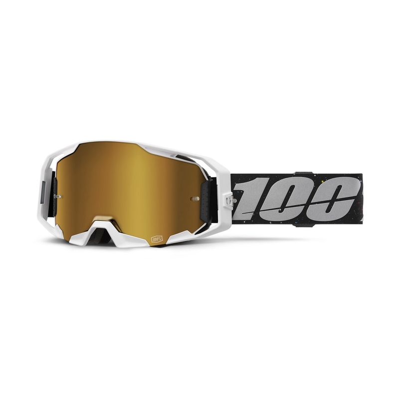 Motocross-lasit 100% ARmatic Rapidracer kultaisella tosi pleksillä varustettuna.