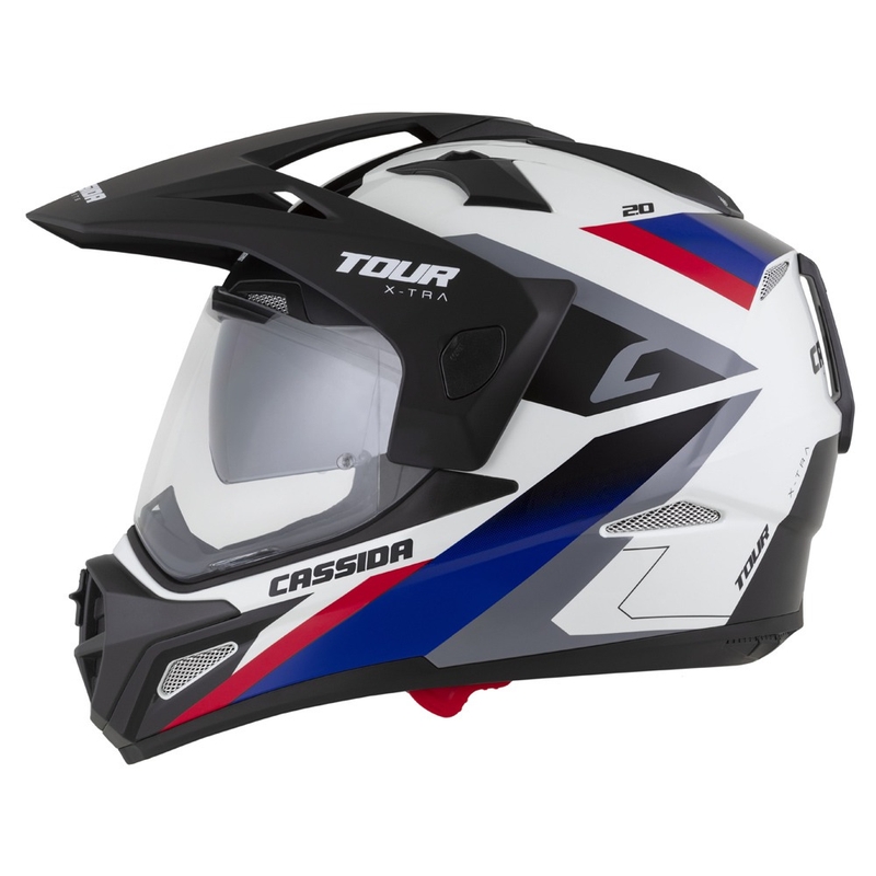 Endurokypärä Cassida Tour 2.0 X-tra valkoinen-sininen-punainen-musta mustalla mattapintaisella visiirillä varustettuna