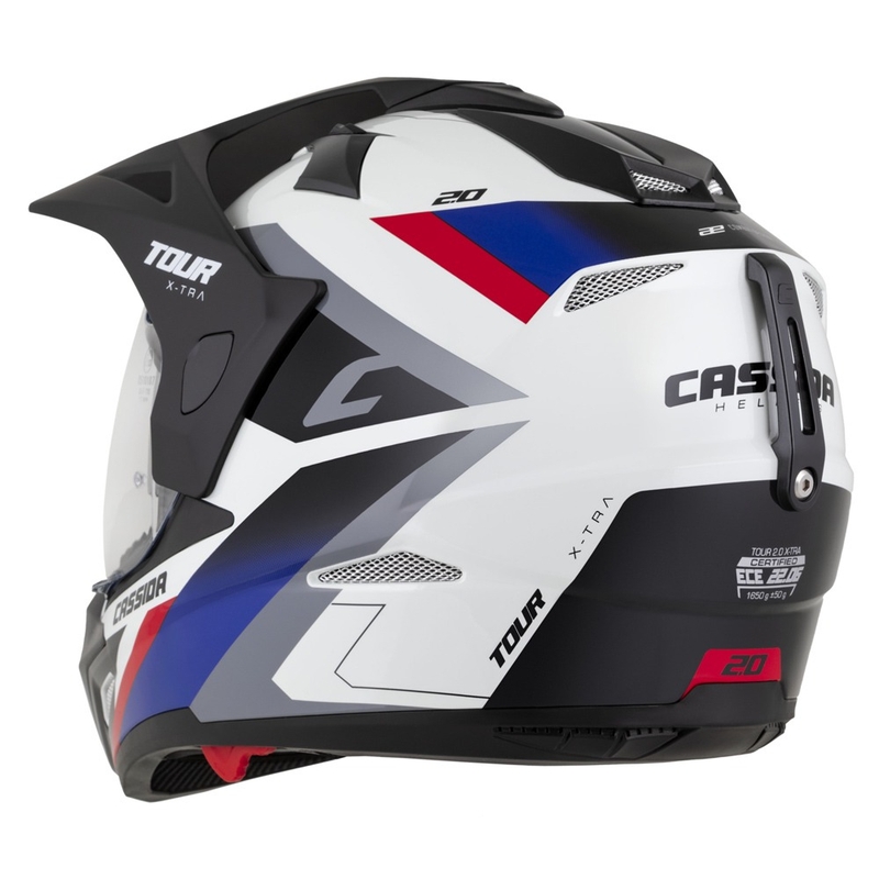 Endurokypärä Cassida Tour 2.0 X-tra valkoinen-sininen-punainen-musta mustalla mattapintaisella visiirillä varustettuna