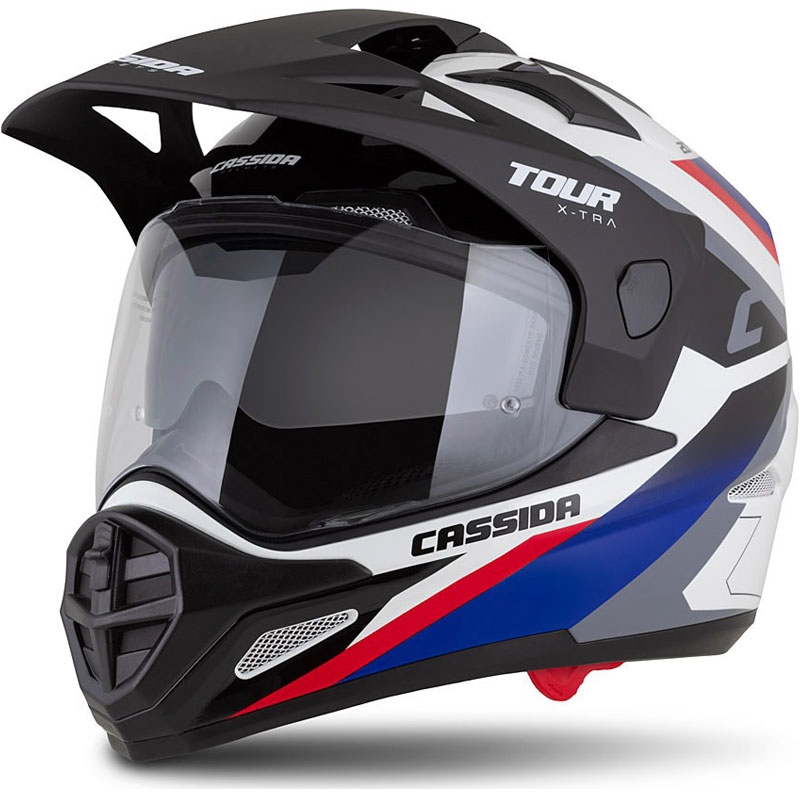 Endurokypärä Cassida Tour 2.0 X-tra valkoinen-sininen-punainen-musta mustalla mattapintaisella visiirillä varustettuna
