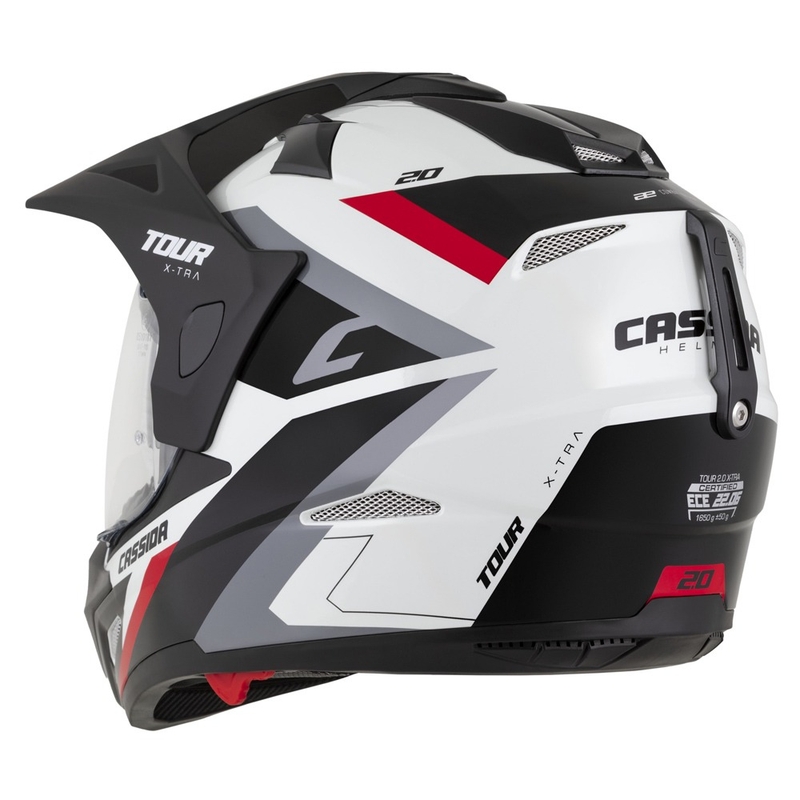 Endurokypärä Cassida Tour 2.0 X-tra valko-puna-musta mustalla mattapintaisella visiirillä.
