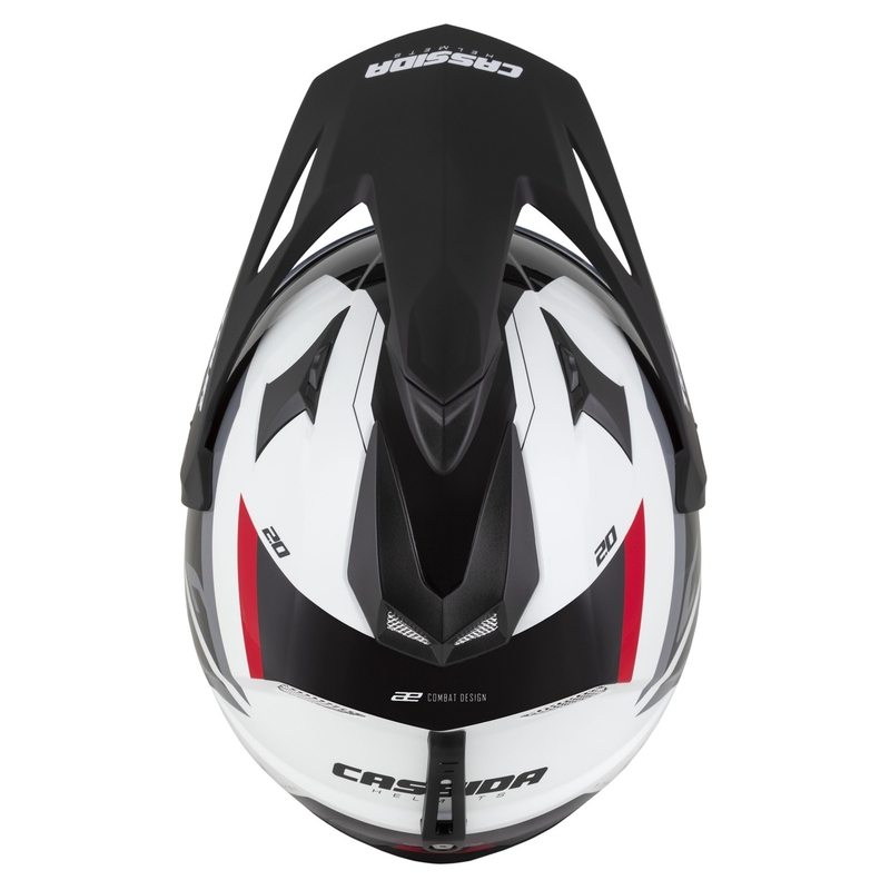 Endurokypärä Cassida Tour 2.0 X-tra valko-puna-musta mustalla mattapintaisella visiirillä.