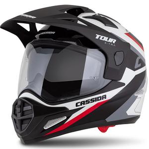 Endurokypärä Cassida Tour 2.0 X-tra valko-puna-musta mustalla mattapintaisella visiirillä.