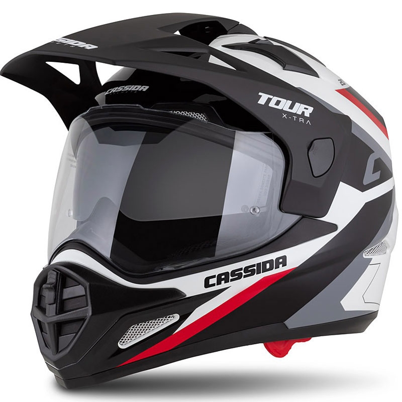 Endurokypärä Cassida Tour 2.0 X-tra valko-puna-musta mustalla mattapintaisella visiirillä.