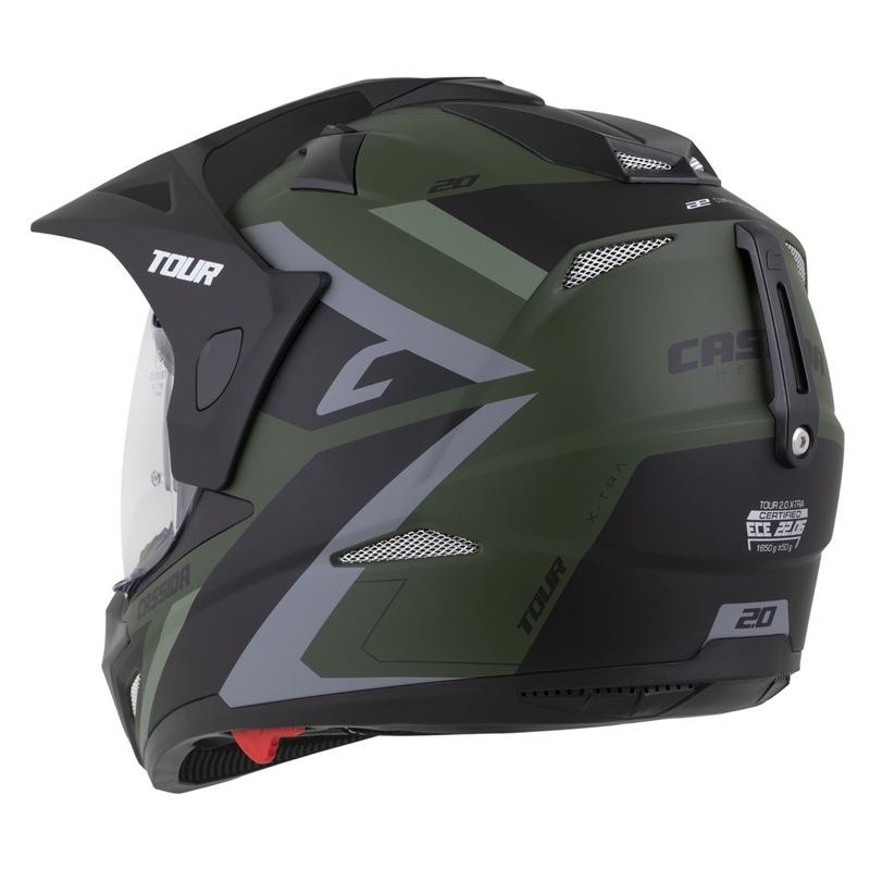 Endurokypärä Cassida Tour 2.0 X-tra matta vihreä-harmaa-musta mustalla mattapintaisella visiirillä.