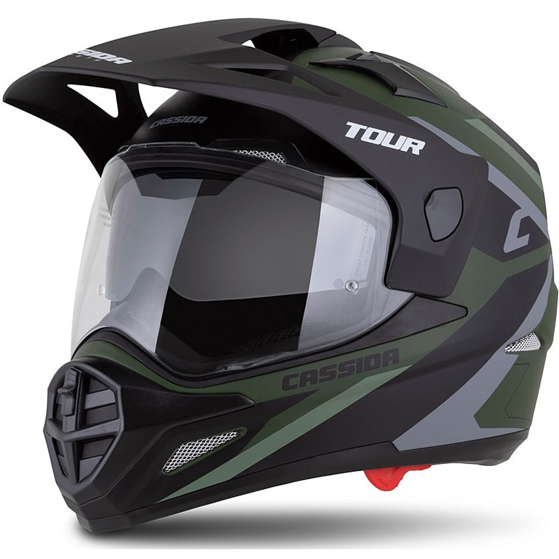 Endurokypärä Cassida Tour 2.0 X-tra matta vihreä-harmaa-musta mustalla mattapintaisella visiirillä.