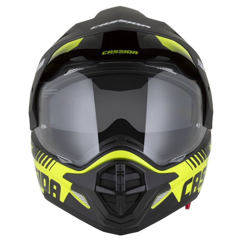 Endurokypärä Cassida Tour 2.0 Dual fluo-kelta-musta mustalla mattapintaisella visiirillä.