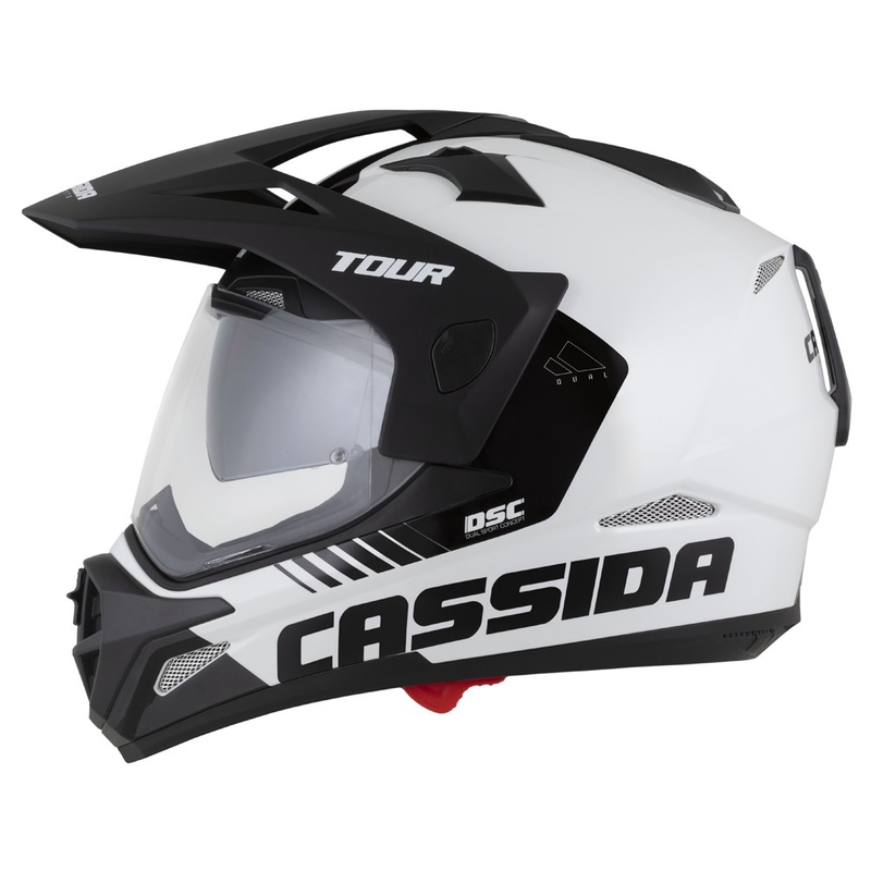 Endurokypärä Cassida Tour 2.0 Dual valkoinen-musta mustalla mattapintaisella visiirillä varustettuna