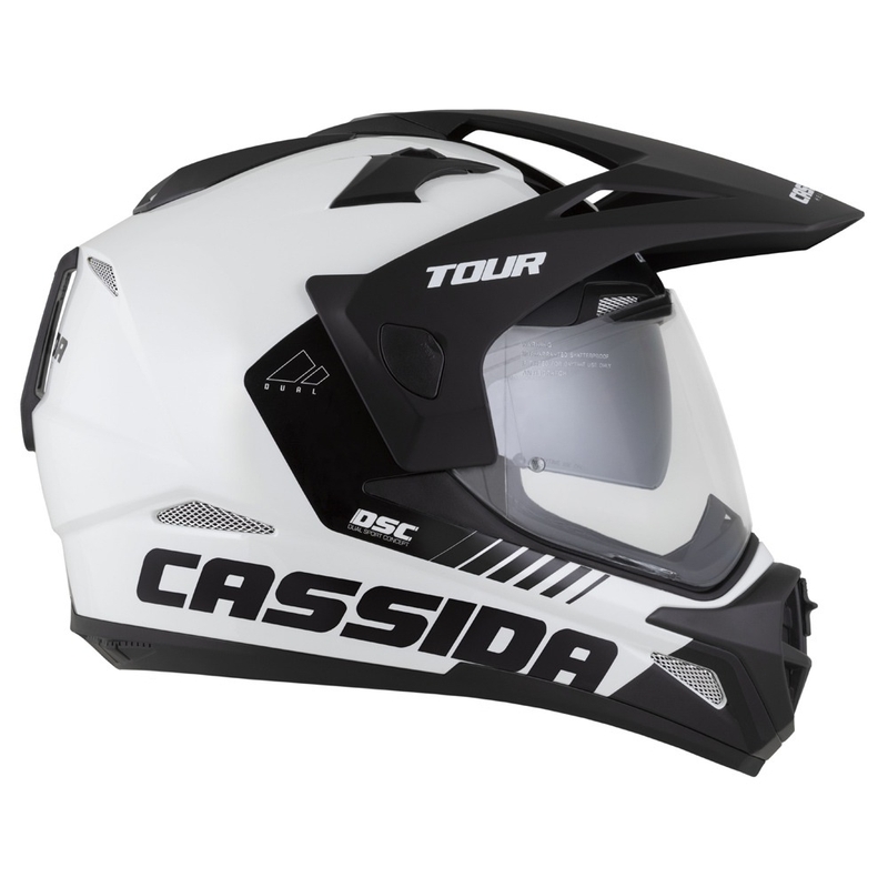 Endurokypärä Cassida Tour 2.0 Dual valkoinen-musta mustalla mattapintaisella visiirillä varustettuna