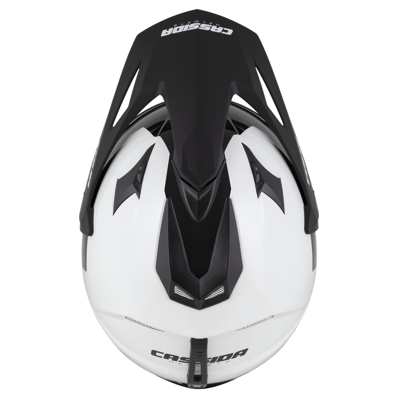 Endurokypärä Cassida Tour 2.0 Dual valkoinen-musta mustalla mattapintaisella visiirillä varustettuna