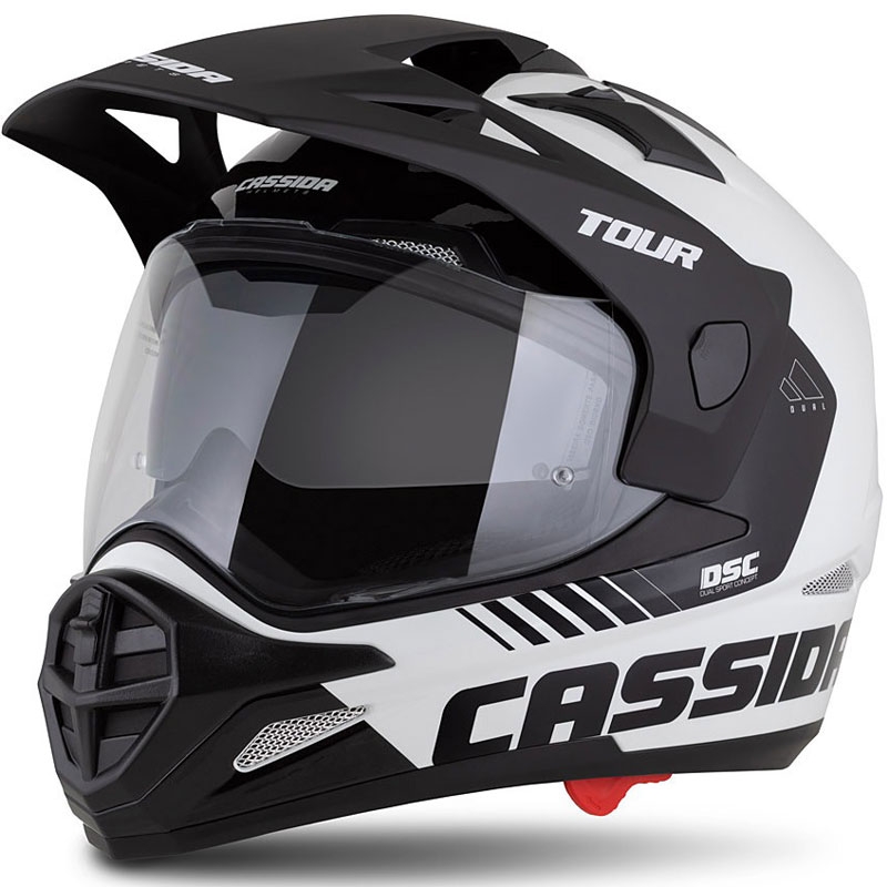 Endurokypärä Cassida Tour 2.0 Dual valkoinen-musta mustalla mattapintaisella visiirillä varustettuna