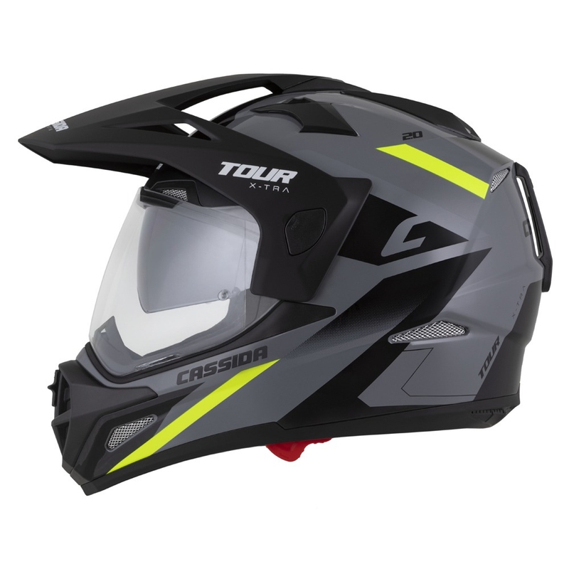 Endurokypärä Cassida Tour 2.0 X-tra harmaa-fluokinkelta-musta mustalla mattapintaisella visiirillä.