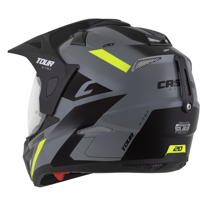 Endurokypärä Cassida Tour 2.0 X-tra harmaa-fluokinkelta-musta mustalla mattapintaisella visiirillä.