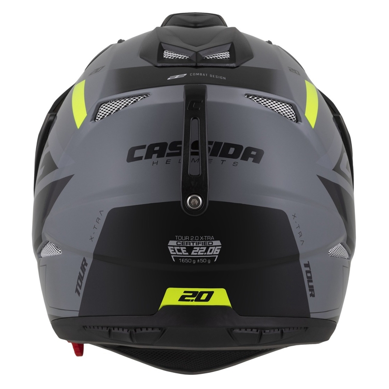 Endurokypärä Cassida Tour 2.0 X-tra harmaa-fluokinkelta-musta mustalla mattapintaisella visiirillä.