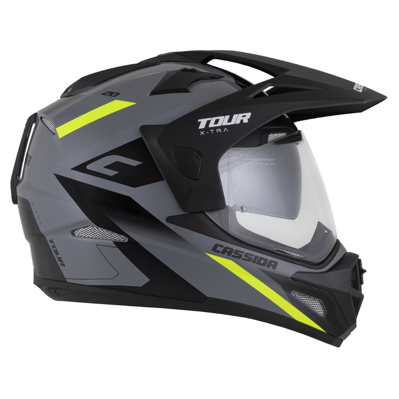 Endurokypärä Cassida Tour 2.0 X-tra harmaa-fluokinkelta-musta mustalla mattapintaisella visiirillä.