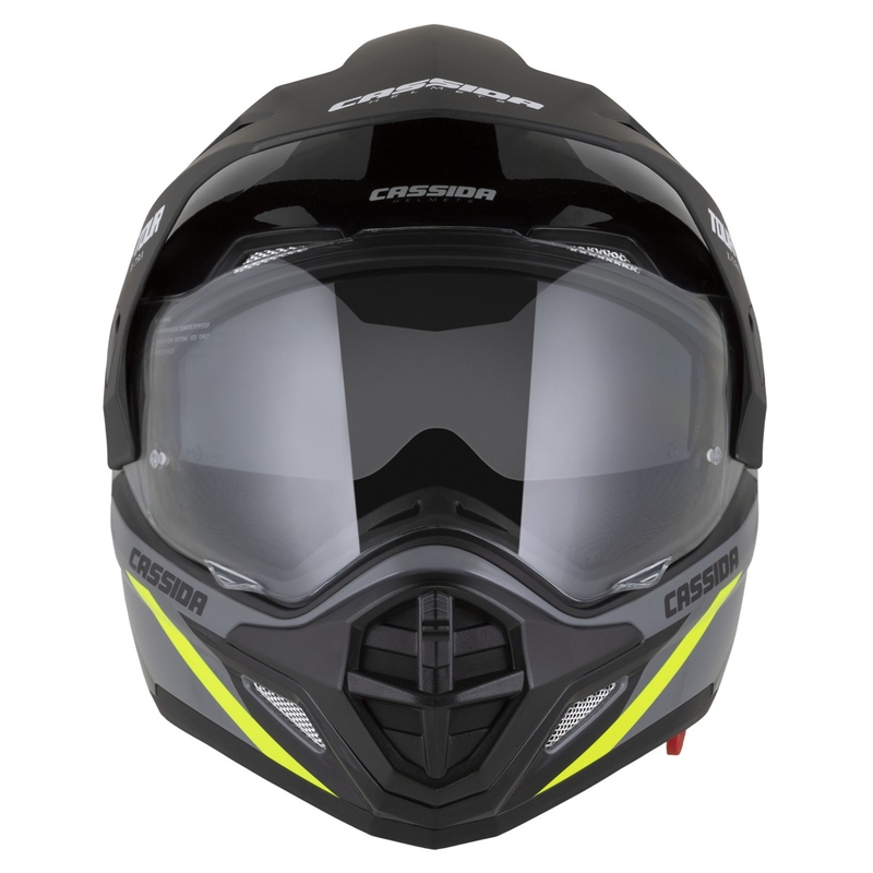 Endurokypärä Cassida Tour 2.0 X-tra harmaa-fluokinkelta-musta mustalla mattapintaisella visiirillä.