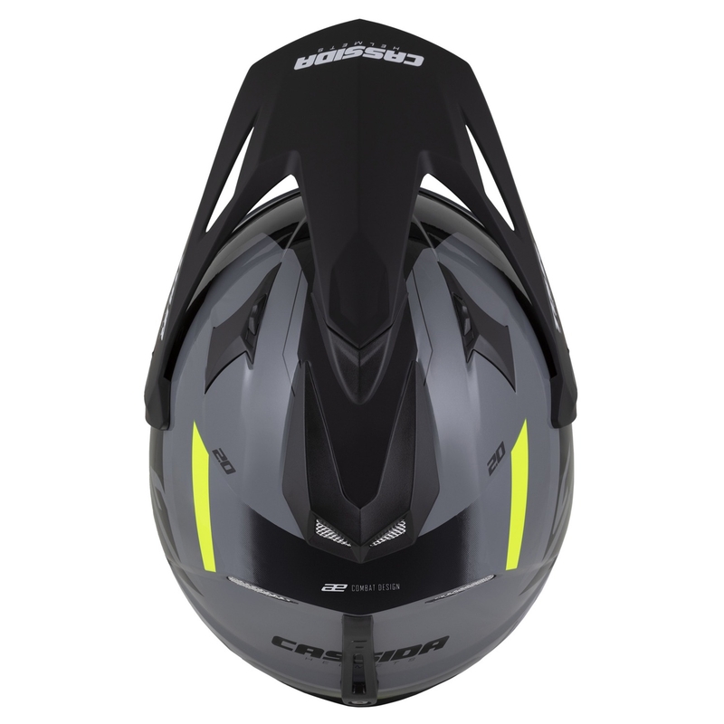Endurokypärä Cassida Tour 2.0 X-tra harmaa-fluokinkelta-musta mustalla mattapintaisella visiirillä.