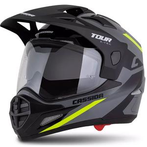 Endurokypärä Cassida Tour 2.0 X-tra harmaa-fluokinkelta-musta mustalla mattapintaisella visiirillä.