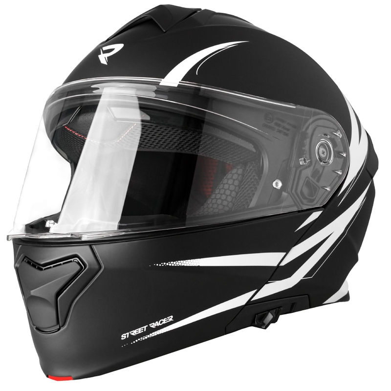 Flip-up moottoripyöräilykypärä Street Racer Fury mattamusta ja valkoinen