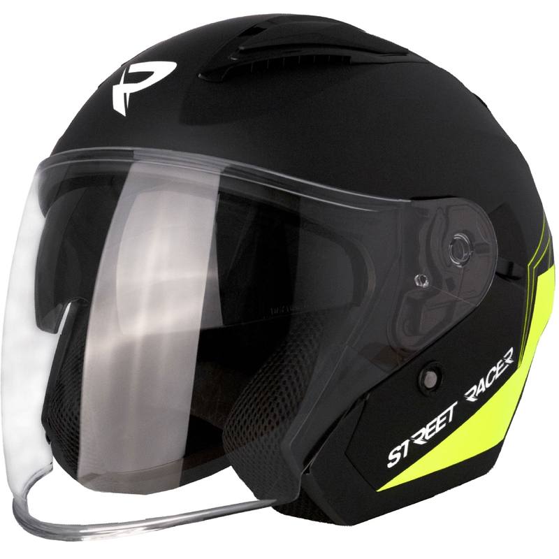 Open Moottoripyöräilykypärä Street Racer Sonic mattamusta-fluo keltainen