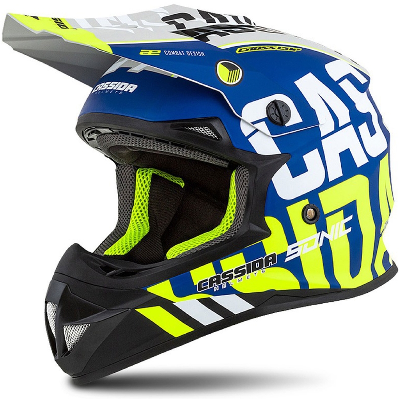 Motocross kypärä Cassida Cross Cup Sonic fluo keltainen-sininen mattapintainen musta