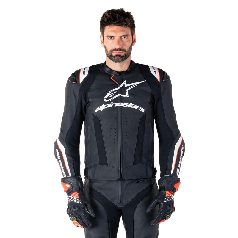 Alpinestars Missile 3 Ignition Musta ja valkoinen nahkainen moottoripyörä takki