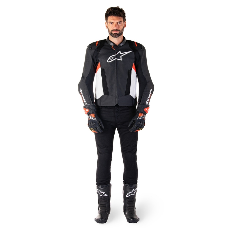 Alpinestars Missile 3 Airflow Musta-valkoinen-fluo-punainen nahkamallinen moottoripyöräily takki
