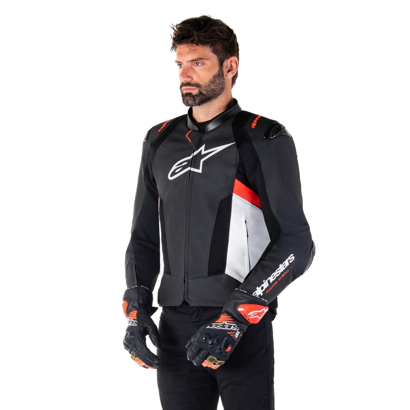 Alpinestars Missile 3 Airflow Musta-valkoinen-fluo-punainen nahkamallinen moottoripyöräily takki