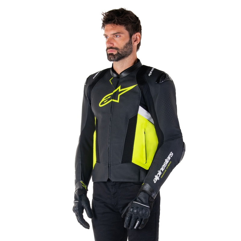 Alpinestars Missile 3 Airflow Musta-Fluo Keltainen-valkoinen Nahkainen Moottoripyöräily takki