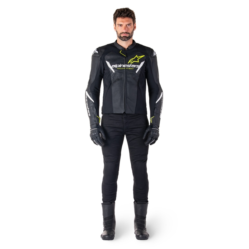 Alpinestars Faster 3 Airflow Musta-valkoinen-keltainen nahkatakki Moottoripyöräily takki