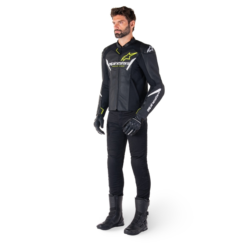 Alpinestars Faster 3 Airflow Musta-valkoinen-keltainen nahkatakki Moottoripyöräily takki