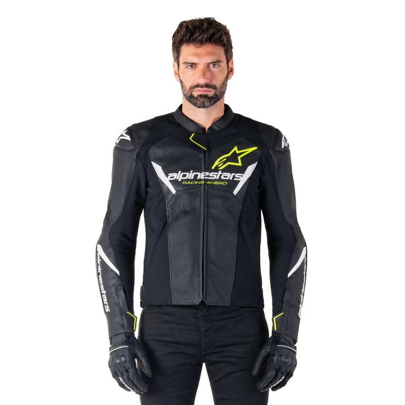 Alpinestars Faster 3 Airflow Musta-valkoinen-keltainen nahkatakki Moottoripyöräily takki