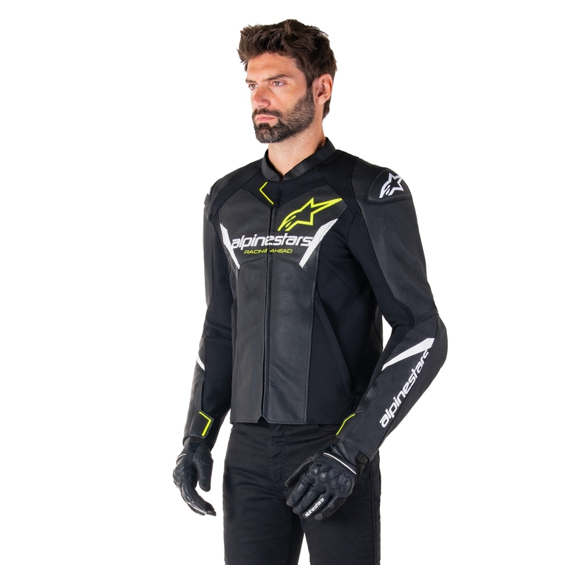 Alpinestars Faster 3 Airflow Musta-valkoinen-keltainen nahkatakki Moottoripyöräily takki