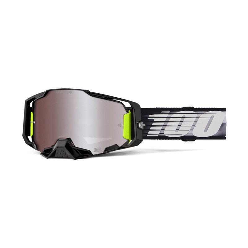 Motocross-lasit 100% ARMEGA Lightspeed hopeisella HIPER plexillä 100% ARMEGA Lightspeed ja hopeinen HIPER plexi