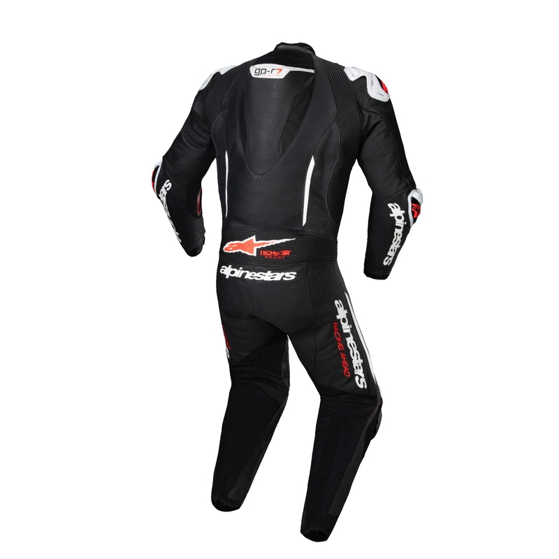 Alpinestars GP-R7 Tech-Air valmis/yhteensopiva musta-valko-fluo-punainen yksiosainen nahkainen moottoripyöräpuku.