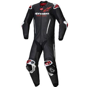 Alpinestars GP-R7 Tech-Air valmis/yhteensopiva musta-valko-fluo-punainen yksiosainen nahkainen moottoripyöräpuku.